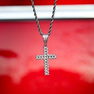 20" Womens 2ct Diamond 14K White Gold Rope Chain Cross Necklace Silver Jewelry